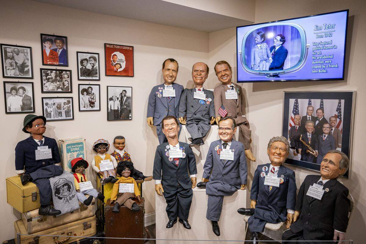 Dummies used by Willie Tyler, a famous African American ventriloquist, and Jim Teter, a famous political ventriloquist, during a tour on Tuesday, Aug. 12, 2025, at Vent Haven Museum in Fort Mitchell, Ky. 