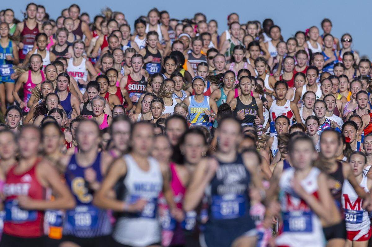 Athletes compete during the Class 3A girls state cross country meet at the Kentucky Horse Park on Saturday.