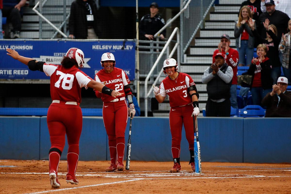 University of Oklahoma Sooners Jocelyn Alo (78) celebrates hitting a home run against the Kentucky Wildcats during the game at John Cropp Stadium in Lexington, Ky., Tuesday, March 22, 2021.