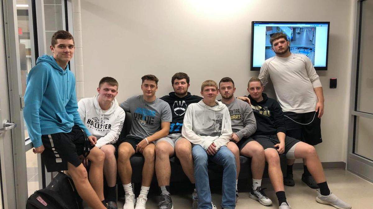 Eight students at Floyd Central High School in Langley, Kentucky, have left the boys’ basketball team following an investigation into head coach Kevin Spurlock. From left, they are: Hayden Hall, 16; Payton Tackett, 17; Sebastian Tackett, 18; Brady Conn, 18; Markus Thacker, 16; Dalton Boyd, 16; Brady Jones, 16; and Bryce Thacker, 14.