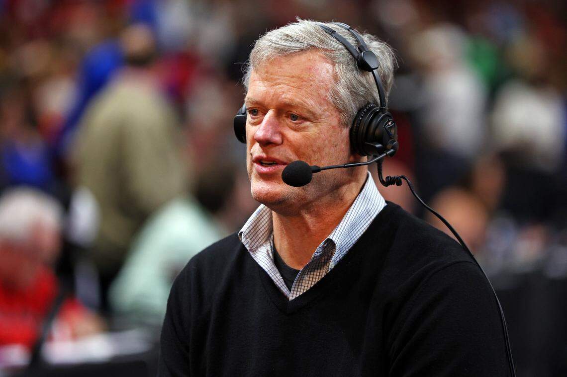 NCAA president Charlie Baker gives a television interview during a game between the UCLA Bruins and the South Carolina Gamecocks in the NCAA women’s Sweet 16 on March 25, 2023, in Greenville, South Carolina.