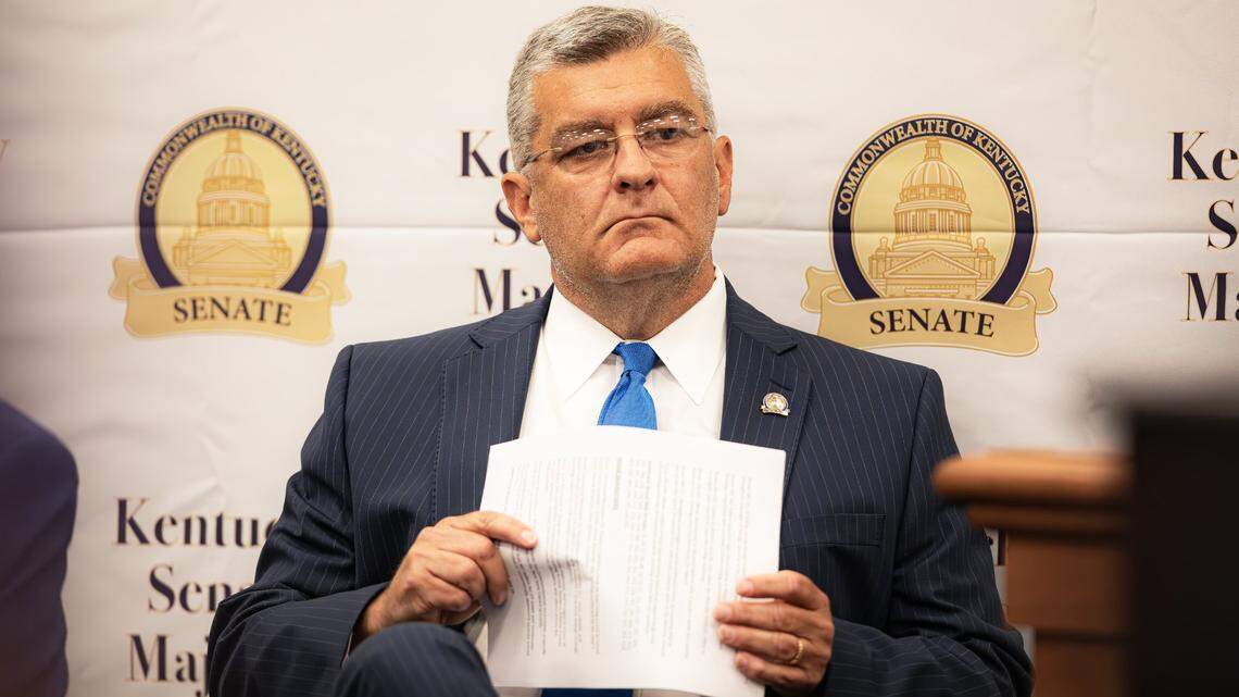 Senate Majority Caucus Chair Robby Mills, R-Henderson, during the media availability press conference held by Senate leaders and constitutional officers, addressing bills passed during the 2025 Legislative session in the Senate temporary chambers on June 25, 2025, in Frankfort, Ky.