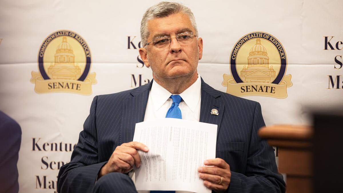 Senate Majority Caucus Chair Robby Mills (R-Henderson) during the media availability press conference held by Senate leaders and constitutional officers, addressing bills passed during the 2025 Legislative session in the Senate temporary chambers, Capital Annex, on June 25, 2025, in Frankfort, Ky.
