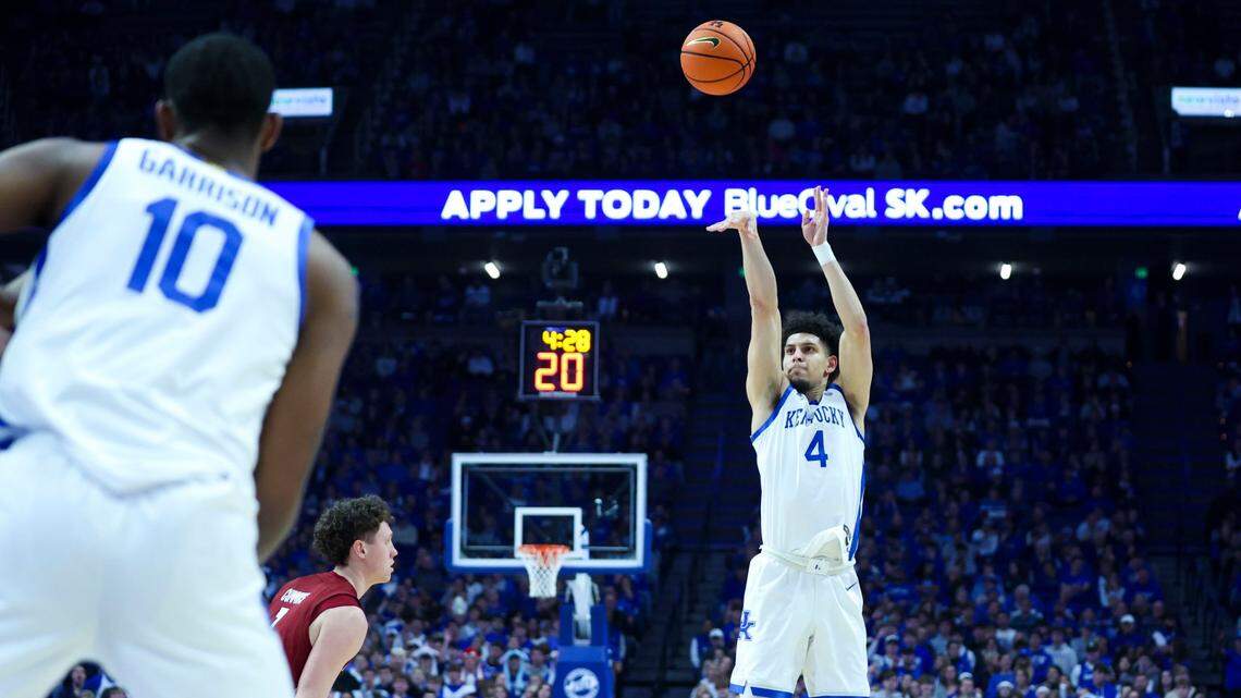 Kentucky guard Koby Brea (4) makes a 3-pointer against Colgate during Wednesday’s game at Rupp Arena.