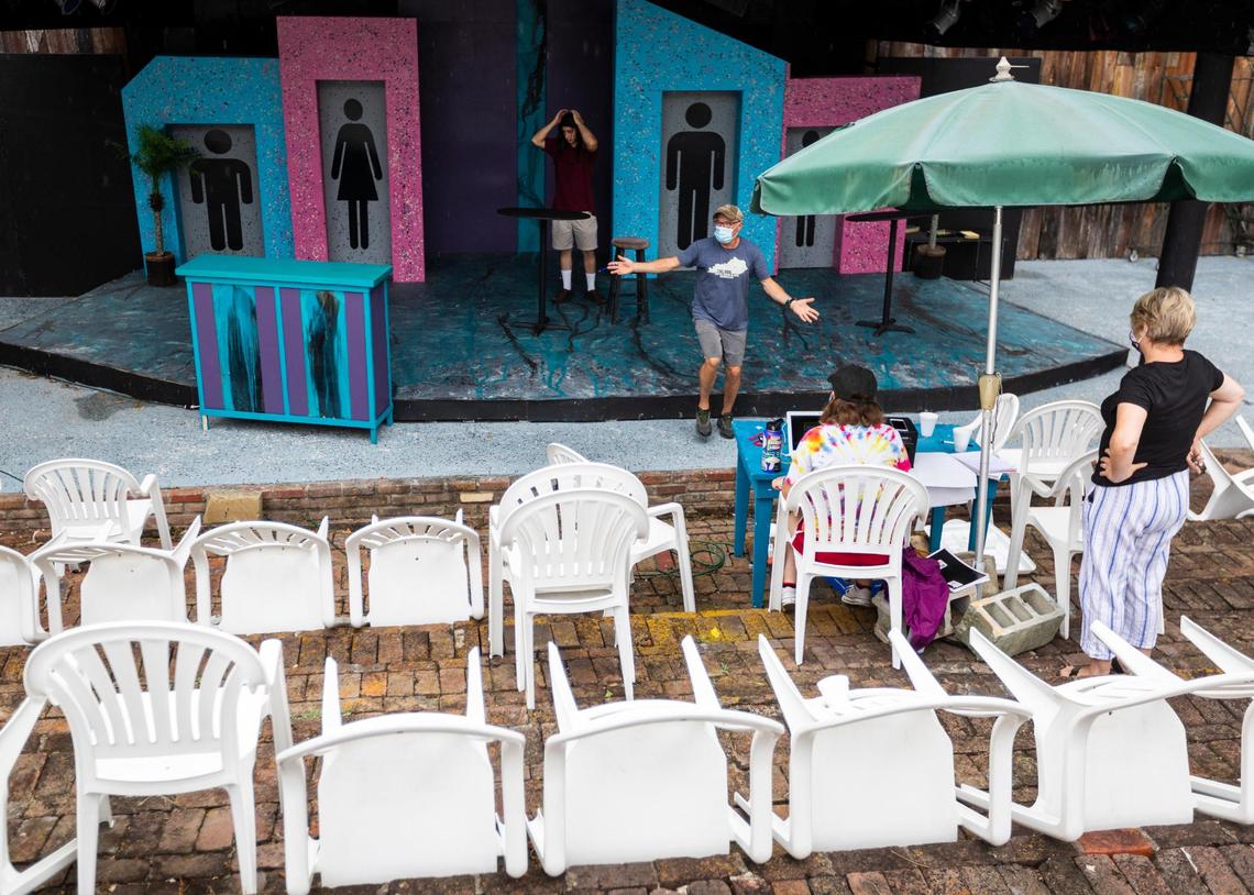 Director Robby Henson gives instruction during a play rehearsal at the Pioneer Playhouse in Danville, Ky., Thursday, July 23, 2020.