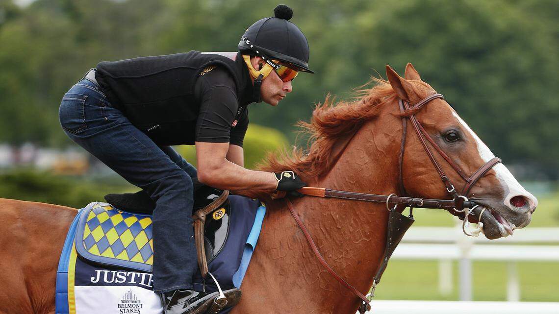 Triple Crown hopeful Justify gallops around the track during a workout at Belmont Park, Thursday, June 7, 2018, in Elmont, N.Y. Justify will attempt to become the 13th Triple Crown winner when he races in the 150th running of the Belmont Stakes horse race on Saturday.