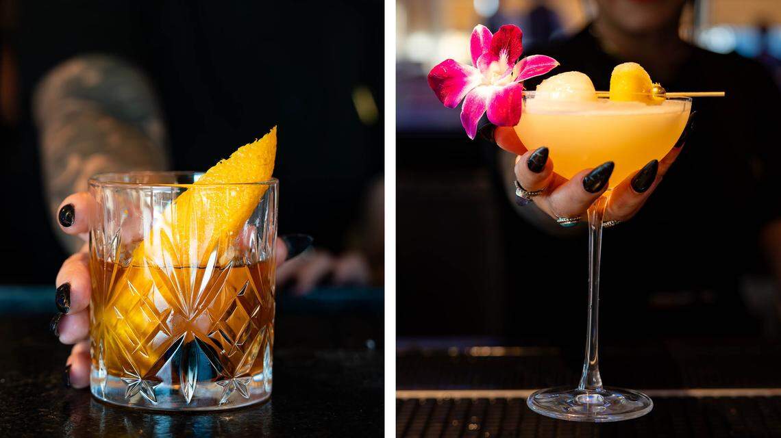 Two drinks from The V, the public restaurant at The Vine, a new downtown Lexington development. At left, the Never Say Day Old Fashioned, and at right, The V-Card, a Lychee and Jasmine Martini.