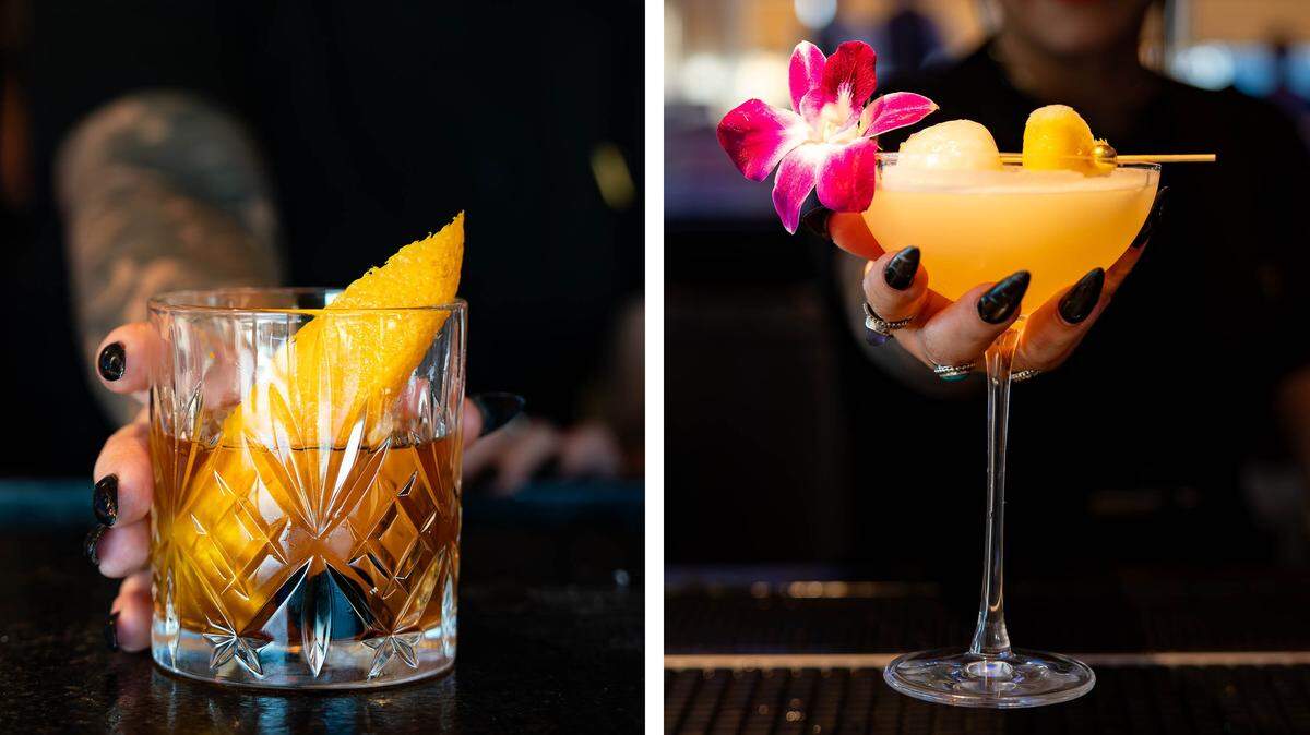 Two drinks from The V, the public restaurant at The Vine, a new downtown Lexington development. At left, the Never Say Day Old Fashioned, and at right, The V-Card, a Lychee and Jasmine Martini.