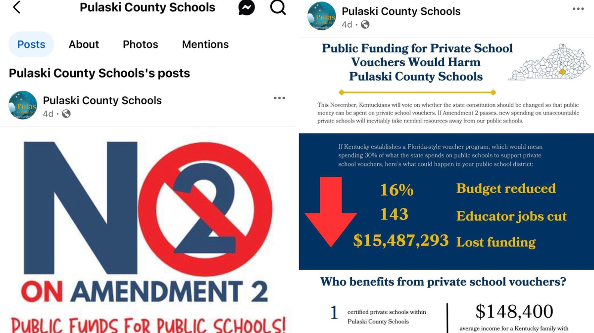 Facebook posts from an account for Pulaski County schools showing the district’s opposition to Amendment 2.