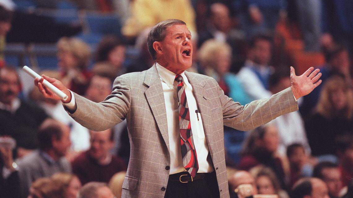 Louisville head coach Denny Crum gestured during the first half as UK lost to Louisville in Rupp Arena in 1997. Photo by Charles Bertram | Staff