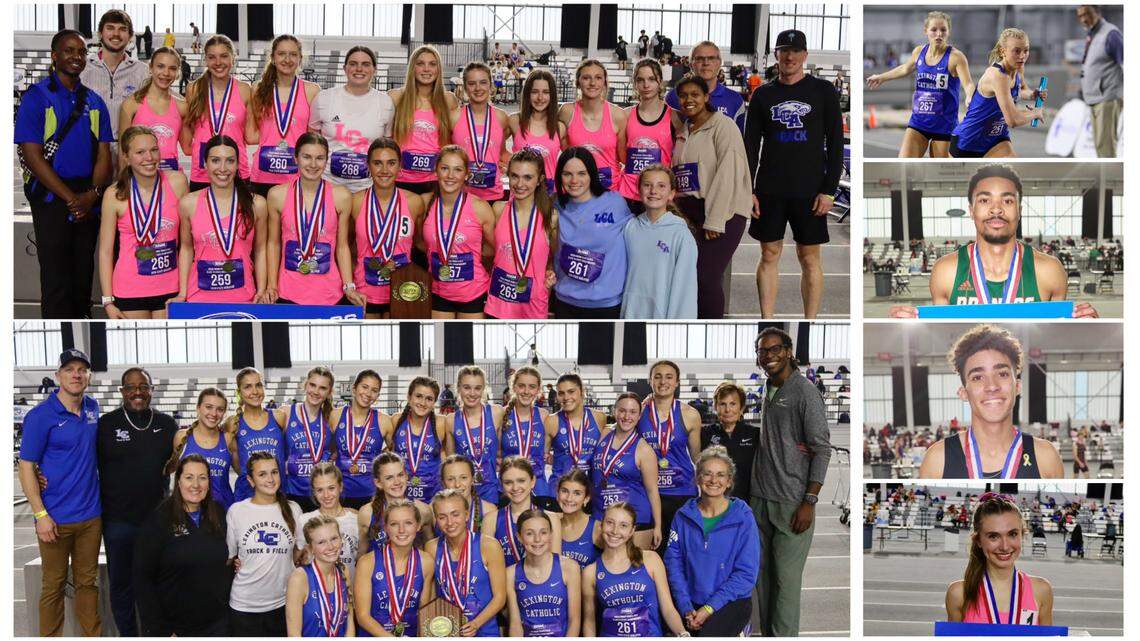 This week’s KHSAA State Indoor Track and Field Championships included title-winning performances by girls teams from Lexington Christian, top left, Lexington Catholic, bottom left, and from top right down, the LexCath relay team that included Sarah Scott (267) and Joanna Bryant (251), Frederick Douglass’ Kaden John, Lafayette’s Xavier Richardson and LCA’s Kennedy Moughamian.