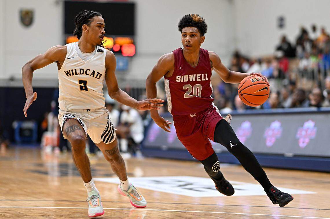 Apr 8, 2023; Washington, DC, USA; Sidwell Friends (DC) guard Acaden Lewis (20) drives to the basket against Wheeler (GA) guard Damion Mitchell Jr (2) at Georgetown University. Mandatory Credit: Reggie Hildred-USA TODAY Sports