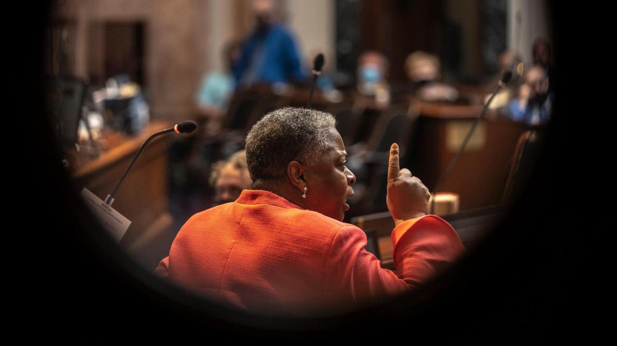 Kentucky Rep. Pamela Stevenson, D-Louisville, on the House floor at the Kentucky state Capitol in Frankfort on the final day of the 2021 legislative session.