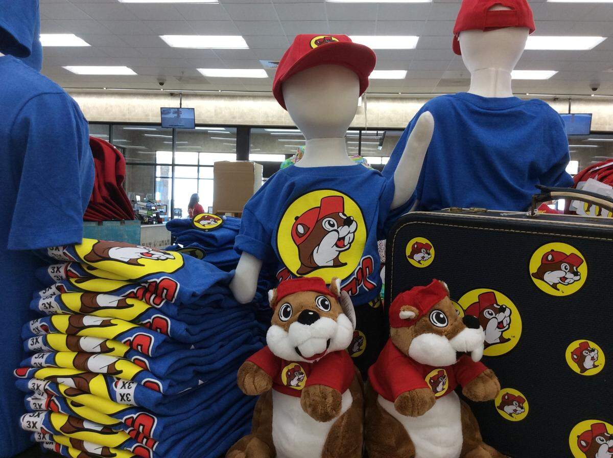 A wide variety of Buc-ee’s branded merchandise is available, from stuffed beaver toys to swimsuits to blankets.