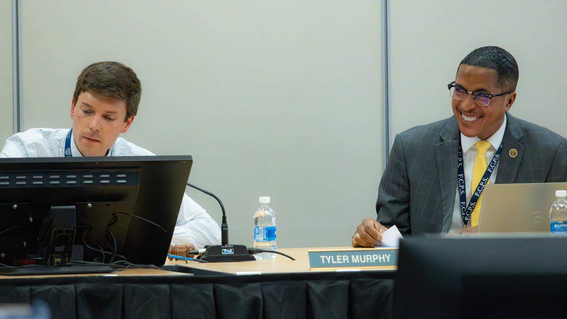 Chair of the Fayette County Board of Education, Tyler Murphy, is joined by Superintendent Demetrus Liggins in the Fayette County Public Schools (FCPS) board meeting room to discuss such topics as raising breakfast and lunch prices on April 16, 2026, in Lexington, Ky.