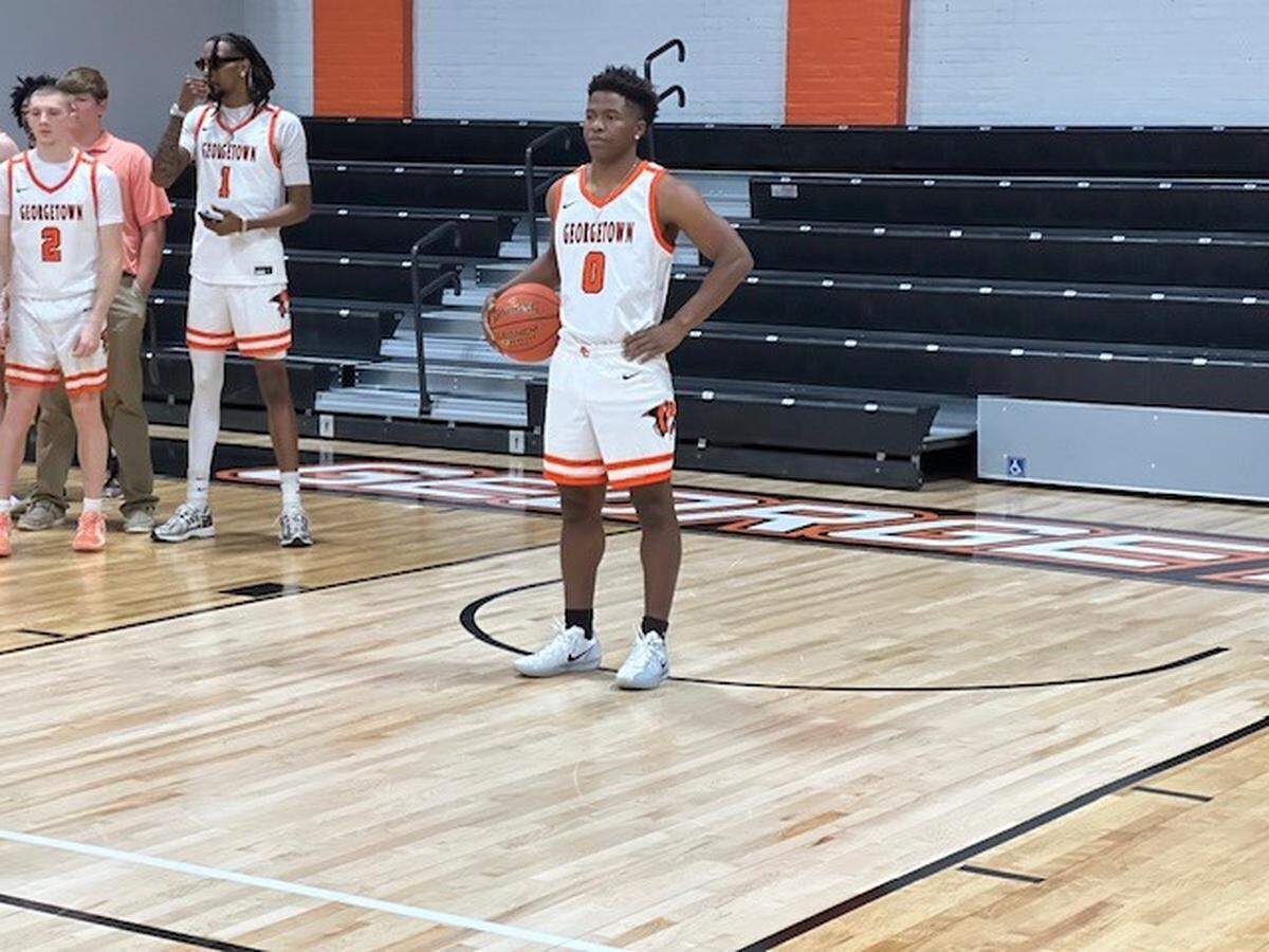 Former Kentucky high school basketball wunderkind Zion Harmon (0), one of the stars of Bowling Green’s run to the 2017 Boys State Tournament championship as an eighth grader, is back in the commonwealth to play hoops this winter for Georgetown College. 