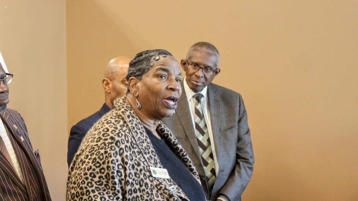Rev. Joseph Owens, Rep. George Brown, Lexington Council member Tayna Fogle, NAACP director Whit Whitaker and Rev. Richard Gaines joined at Shiloh Baptist Church for a get out the vote event preceding Kentucky’s Nov. 7, 2023 election.