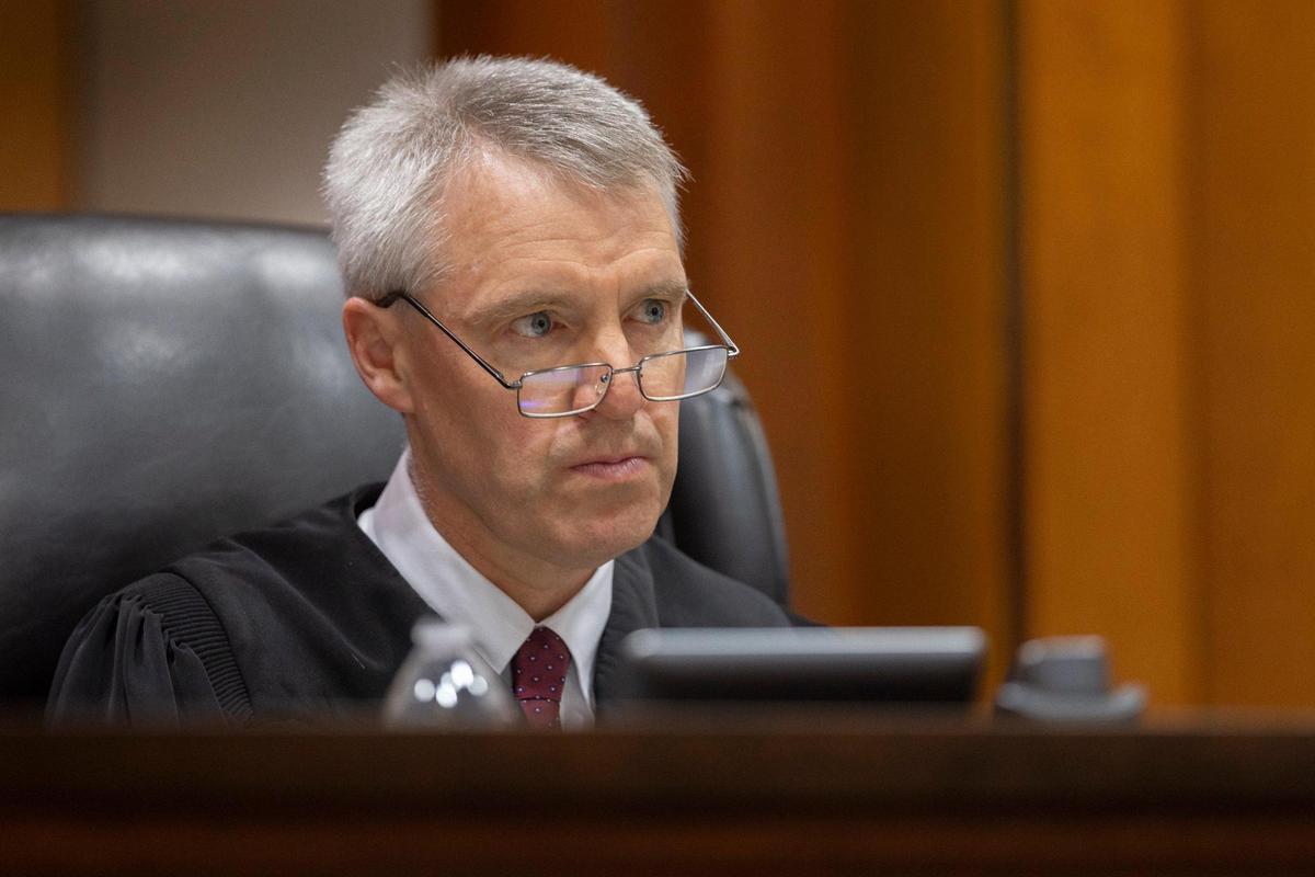 Circuit Court Judge Charles Simms III presides over the arraignment for Brooks Houck at the Nelson County Courthouse in Bardstown, Ky., on Thursday, Oct. 5, 2023. Houck has been charged in the murder of Crystal Rogers.