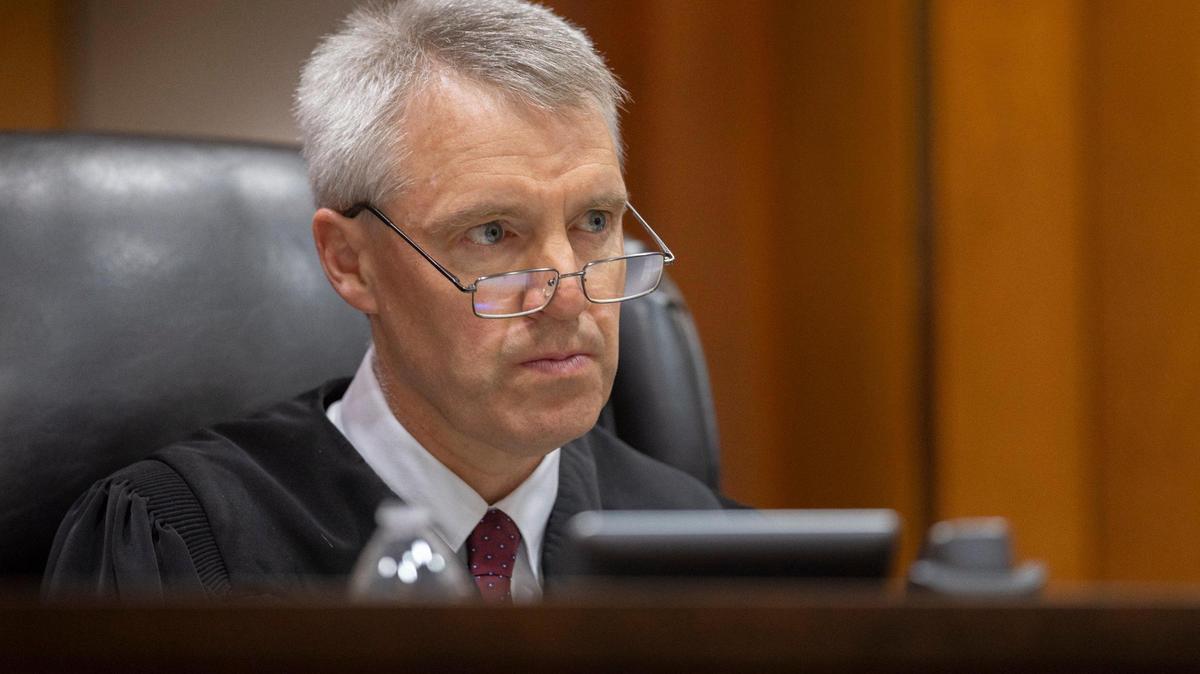 Circuit Court Judge Charles Simms III presides over the arraignment for Brooks Houck at the Nelson County Courthouse in Bardstown, Ky., on Thursday, Oct. 5, 2023. Houck has been charged in the murder of Crystal Rogers.