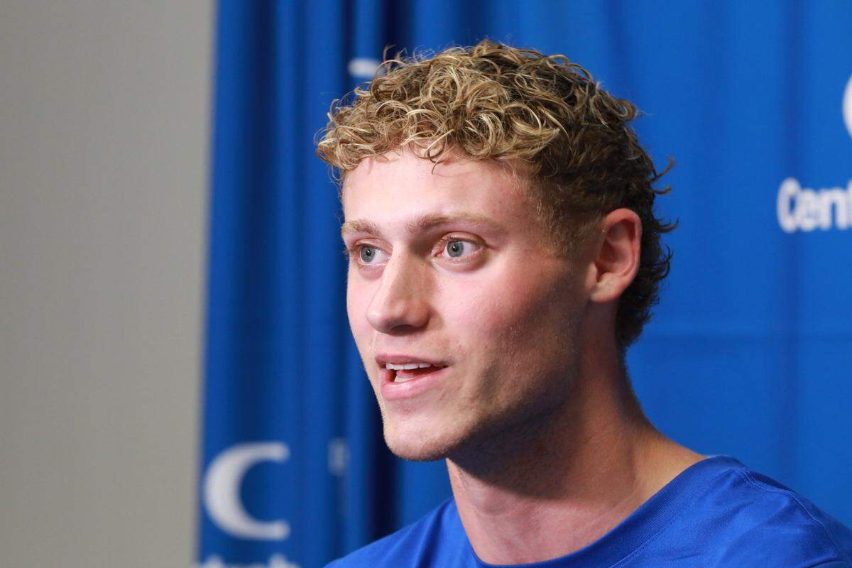 Kentucky basketball freshman Collin Chandler talks to reporters Tuesday amid the team’s summer workouts in Lexington.