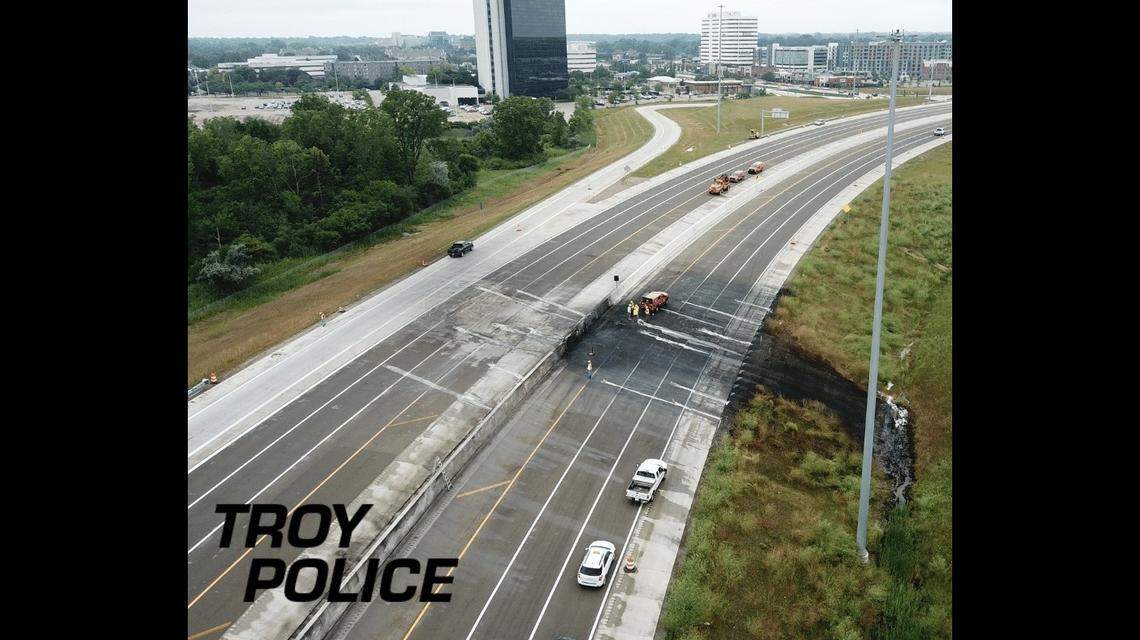 Fire damaged pavement across all travel lanes and spread down the shoulder of the interstate.