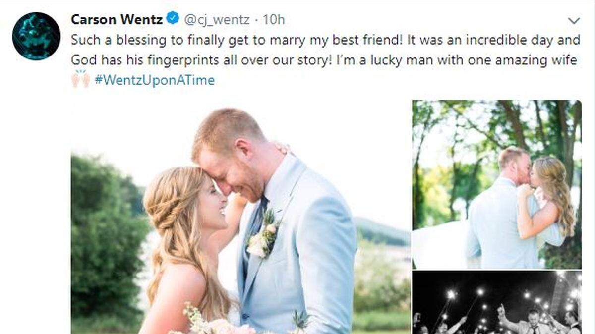 This screenshot of a Twitter post by Carson Wentz shows his wedding over the weekend to Lexington area native Maddie Oberg.