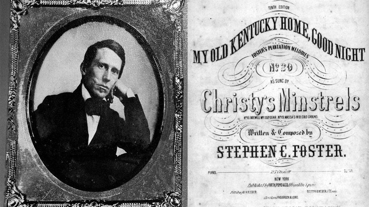 Composer Stephen Collins Foster in an 1859 daguerreotype. At right, the first edition sheet music of “My Old Kentucky Home,” published in 1853.