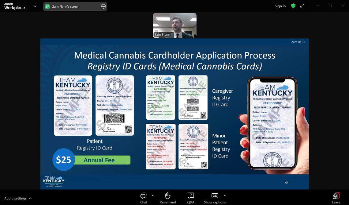 In this screenshot, sample versions of Kentucky-issued medical marijuana cards are displayed during a recent webinar for cardholders, hosted by the state’s Office of Medical Cannabis.