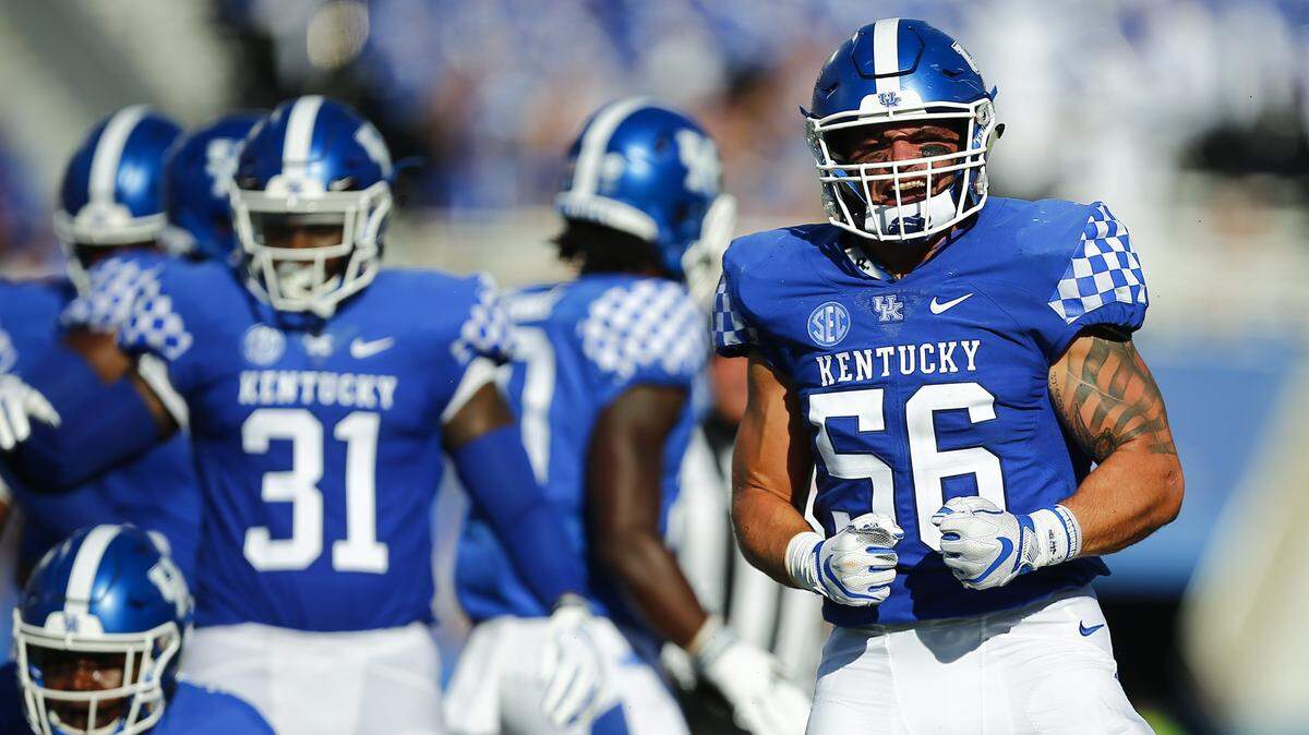 In his first career start, Kentucky junior middle linebacker Kash Daniel (56) led the Wildcats with 11 tackles in UK’s 35-20 season-opening victory against Central Michigan.