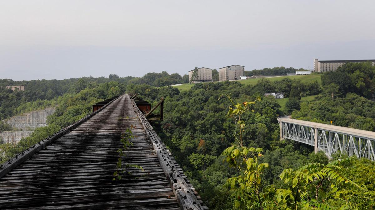 A rail bridge, called Young’s High Bridge, extends over the Kentucky River near Wild Turkey Distillery. A new rail bike tour lets you ride on the rails up to the overlook.