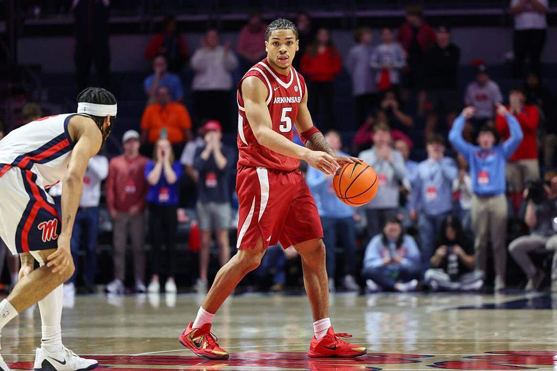 OXFORD, MISSISSIPPI - JANUARY 07: Darius Acuff Jr. #5 of the Arkansas Razorbacks dribbles the ball during the second half against the Ole Miss Rebels at The Pavilion at Ole Miss on January 07, 2026 in Oxford, Mississippi. (Photo by Wes Hale/Getty Images)