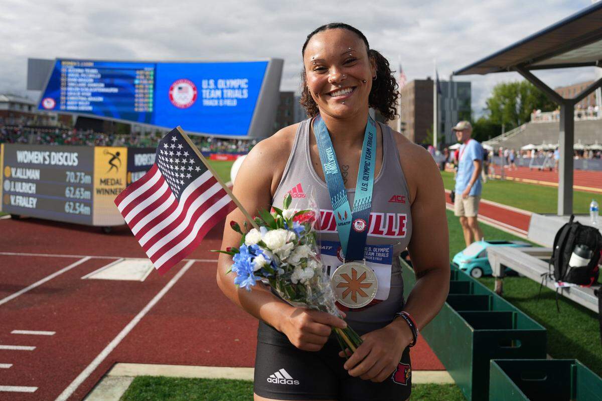Jun 27, 2024; Eugene, OR, USA; Jayden Ulrich of Louisville poses with the silver medal after placing second in the women's discus with a throw of 205-5 (62.63m) during the US Olympic Team Trials at Hayward Field. Mandatory Credit: Kirby Lee-USA TODAY Sports