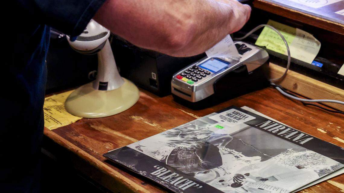 A Nirvana album is sold at CD Central on South Limestone near the UK campus, Wednesday, August. 27, 2025 in Lexington, Ky. Owner Steve Baron said the most of his sales come from vinyl records but CDs are making a comeback.