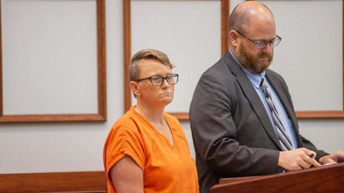 Heather McCutcheon stood with defense attorney Shannon Powers in Calloway County Circuit Court Tuesday in Murray. McCutcheon was sentenced to serve 20 years for injecting children with insulin and a subsequent assault on correctional officers while she was incarcerated.