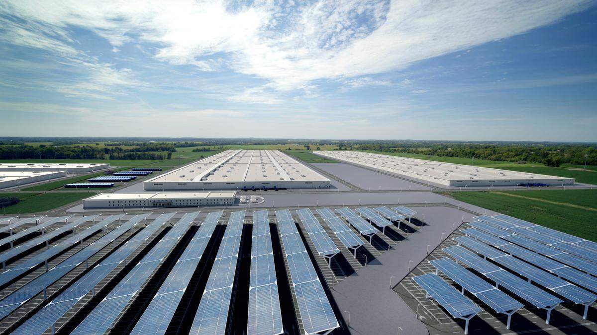 Ford Motor Corp. and SK Innovation announced Monday, Sept. 27, 2021, a $5.8 billion investment to build two electric battery manufacturing plants near Glendale, Ky. This is a depiction of the BlueOvalSK Battery Park.