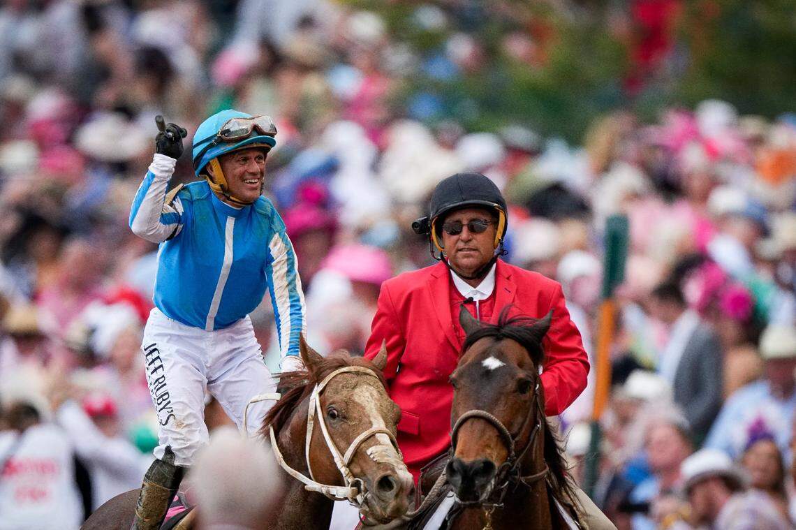 Javier Castellano, aboard Mage, celebrates after winning the 149th running of the Kentucky Derby at Churchill Downs Saturday, May 6, 2023, in Louisville, Ky. (For the Herald Leader / Bryan Woolston)