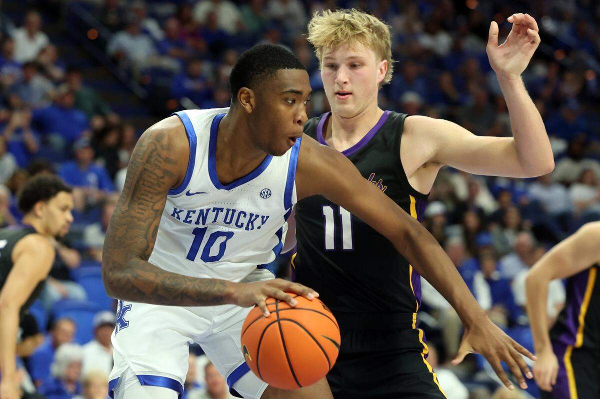 Through four games, Kentucky center Brandon Garrison (10) is averaging seven points, 4.5 rebounds and 2.8 assists while playing an average of 19 minutes a game.