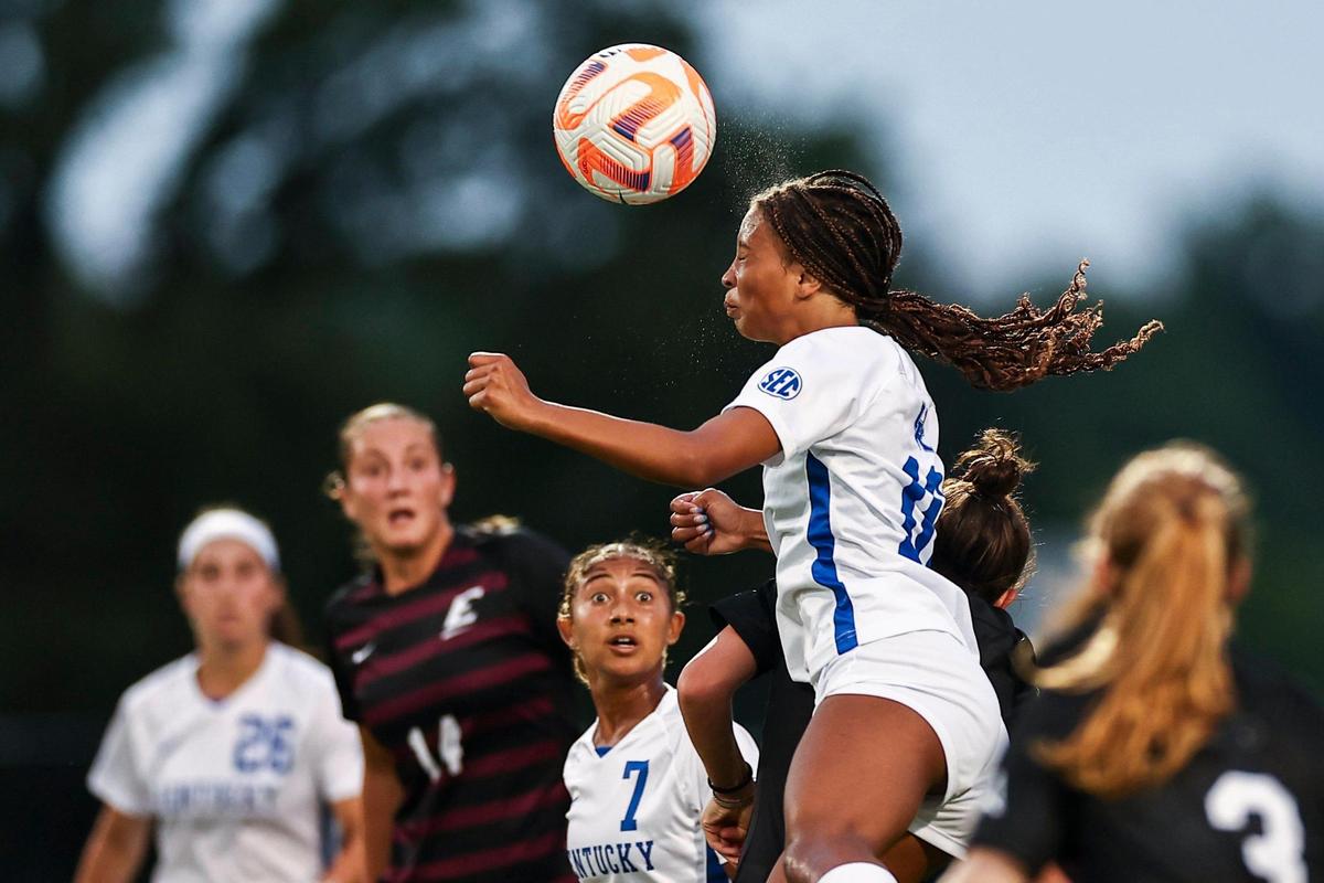 Midfielder Tanner Strickland, who headed the ball against Eastern Kentucky on Aug. 17, has been a standout freshman for UK this season.