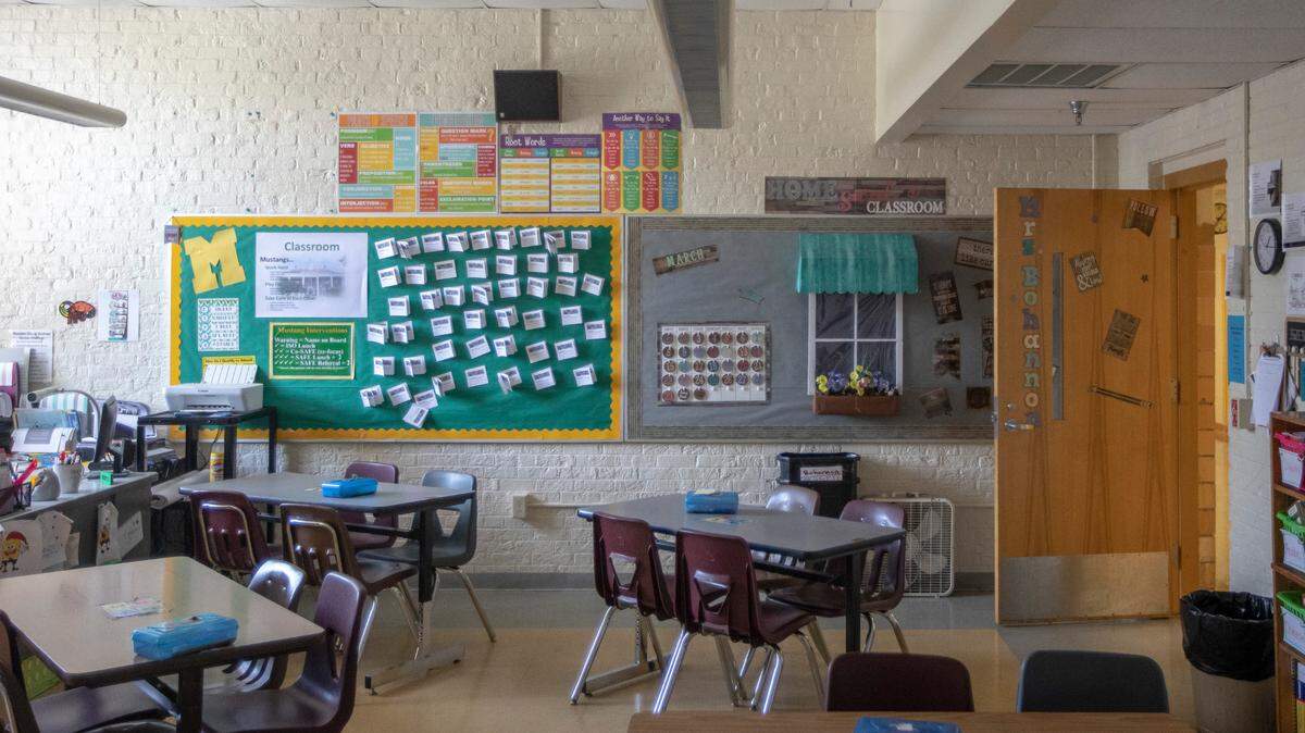 A classroom sits empty at Morton Middle School in Lexington, Ky., on Monday, April 20, 2020.