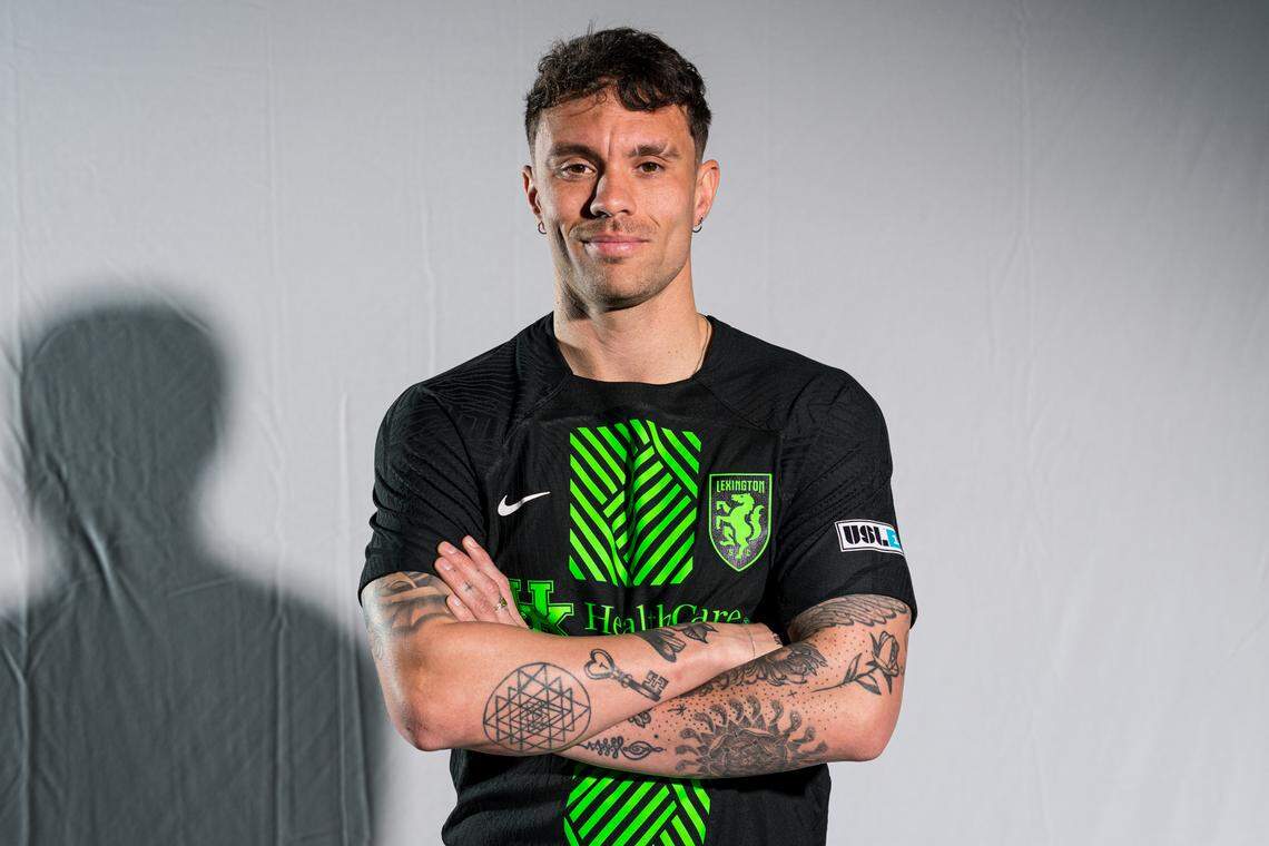 Lexington Sporting Club forward Cameron Lancaster poses while wearing the team’s 2024 home jersey. LSC opens the 2024 USL League One season with a home match Saturday night.