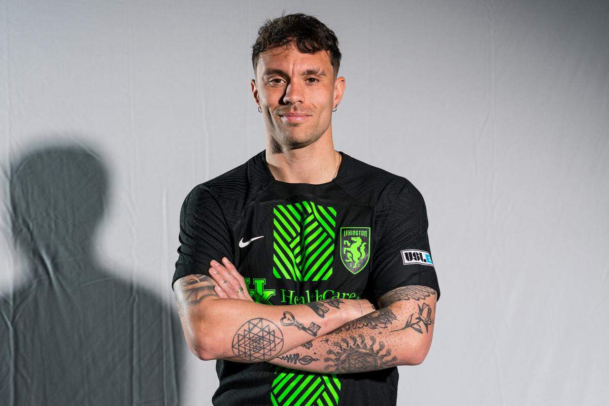 Lexington Sporting Club forward Cameron Lancaster poses while wearing the team’s 2024 home jersey. Lancaster is the all-time leading scorer in Louisville City’s history.