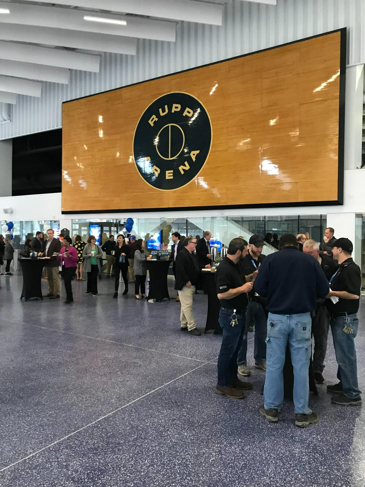 A portion of Rupp Arena’s former center court circle was on display during Thursday’s opening ceremonies for the renovated Central Bank Center in downtown Lexington.