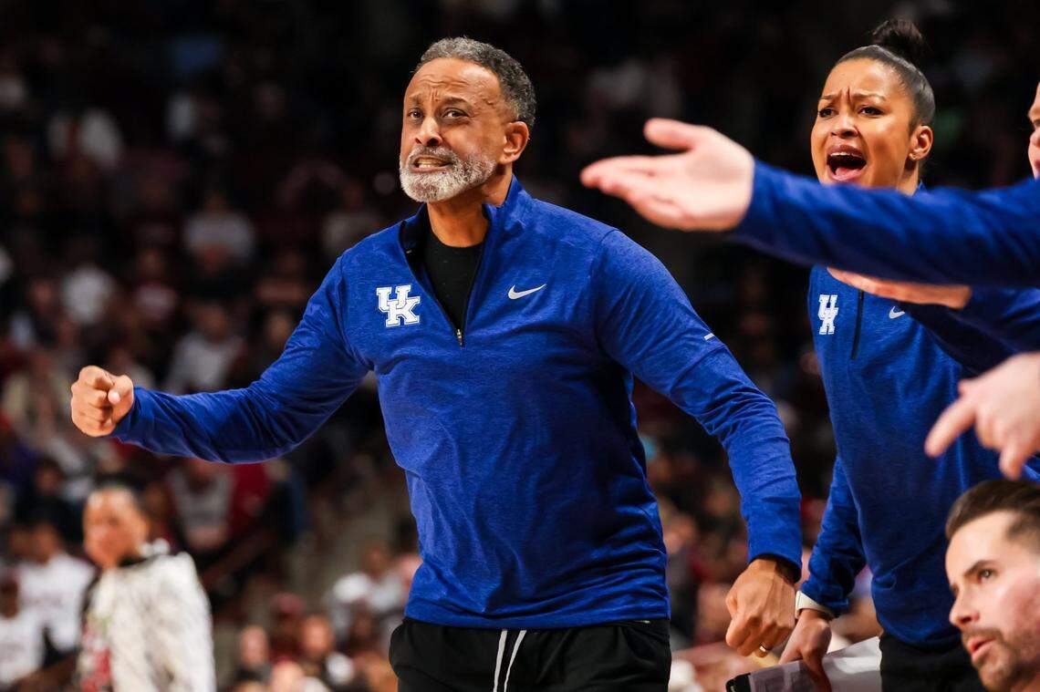 Mar 2, 2025; Columbia, South Carolina, USA; Kentucky Wildcats head coach Kenny Brooks disputes a call against the South Carolina Gamecocks in the first half at Colonial Life Arena. Mandatory Credit: Jeff Blake-Imagn Images