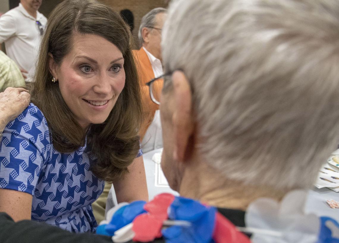 Kentucky Secretary of State Alison Lundergan Grimes spoke with a well-wisher Saturday August 4, 2018, at a Democratic party breakfast in Mayfield, Ky.