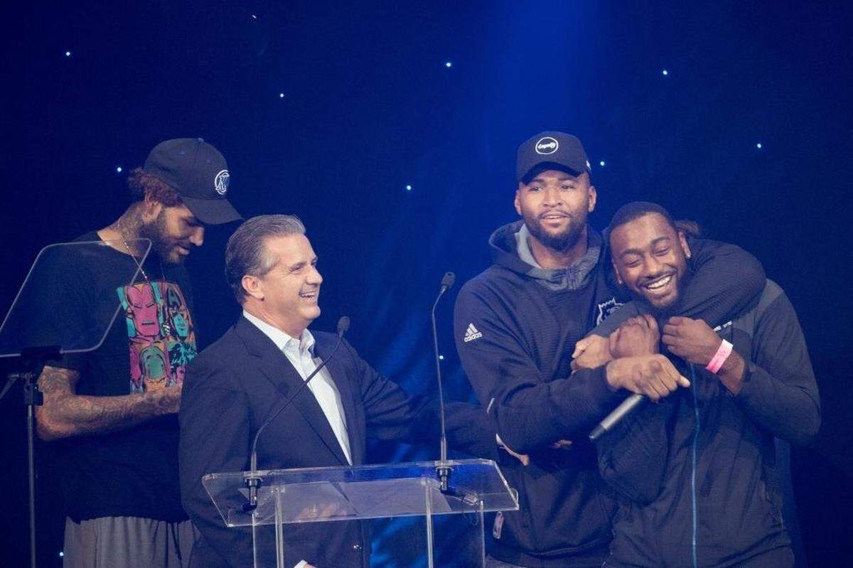 John Calipari invited former Wildcats-turned-NBA-players Willie Cauley-Stein, DeMarcus Cousins and John Wall to the podium at Big Blue Madness in 2016. Nobody could match the Kentucky head coach’s preps-to-pros basketball pipeline, but teaching large groups of freshmen how to effectively play college basketball in just months, not years, became an increasingly difficult code to crack as rival schools challenged UK with more experienced rosters.
