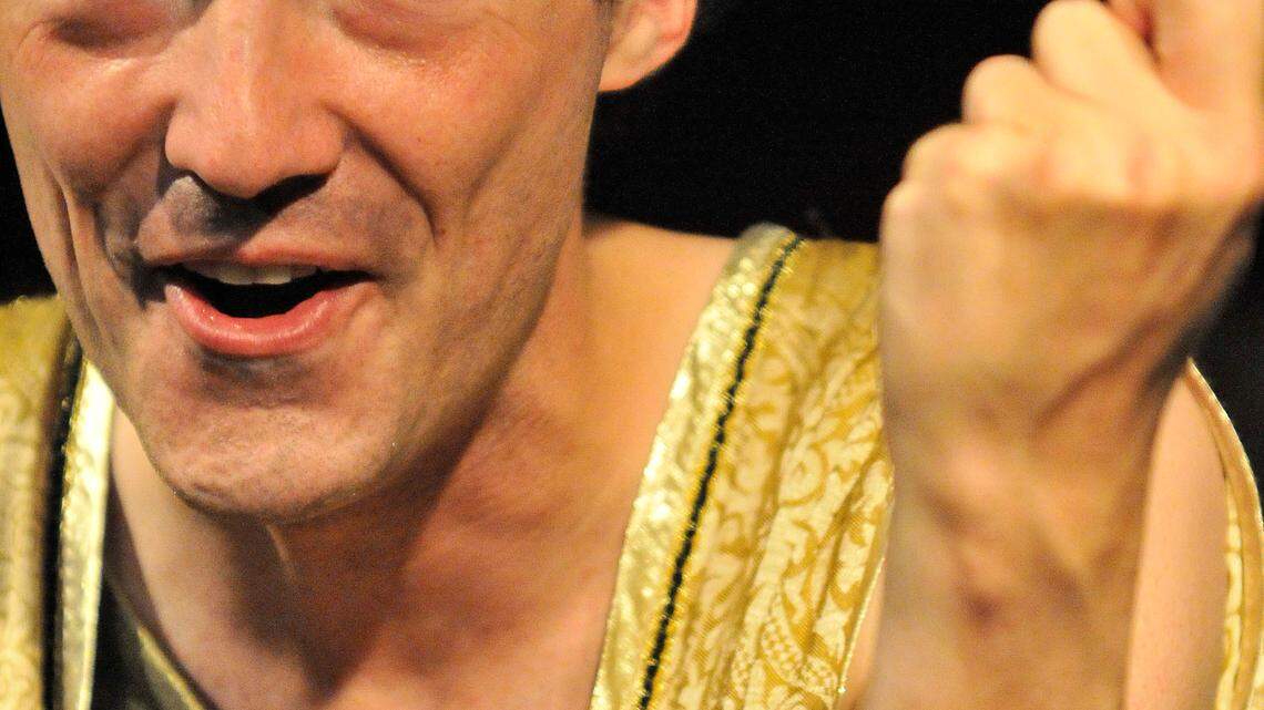 Ryan Case plays Caligula as a man trying to use his power to show his constituents their misplaced priorities. Balagula Theatre at Natasha's Bistro and Bar in Lexington, Ky., presents Caligula by Albert Camus June 3-13. Photo by Rich Copley | staff.