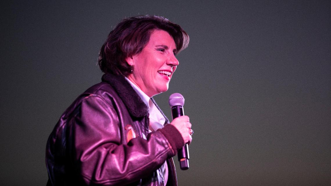 Democratic Senate candidate Amy McGrath speaks with her supporters and reporters during her final stop on Election Day at the Georgetown-Scott County Regional Airport in Scott County, Ky., Tuesday, November 3, 2020.