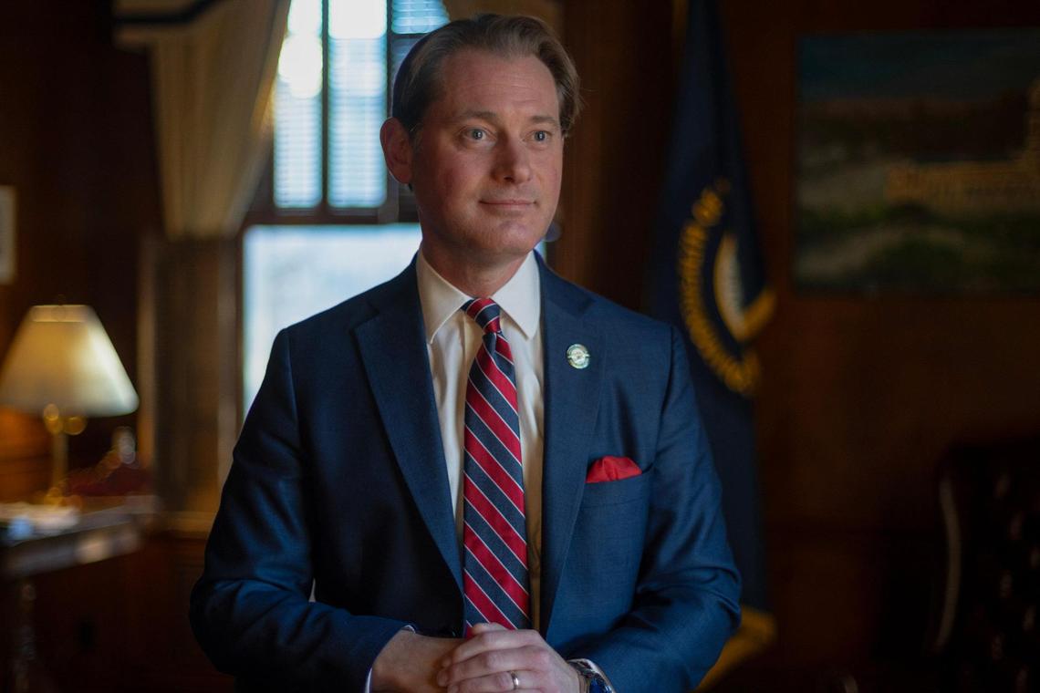 Kentucky Secretary of State Michael Adams is photographed in his office at the state Capitol in Frankfort, Ky., on Thursday, Nov. 17, 2023.