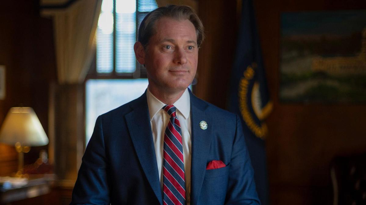 Kentucky Secretary of State Michael Adams is photographed in his office at the state Capitol in Frankfort, Ky., on Thursday, Nov. 17, 2023.