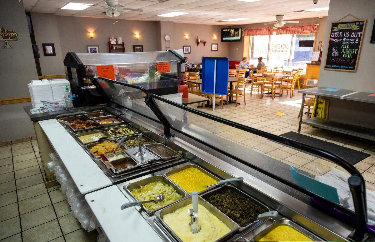 The “meat and three” hot bar at Jackson’s Restaurant in Richmond. Jackson’s is a casual sit-down restaurant featuring southern home cooking.